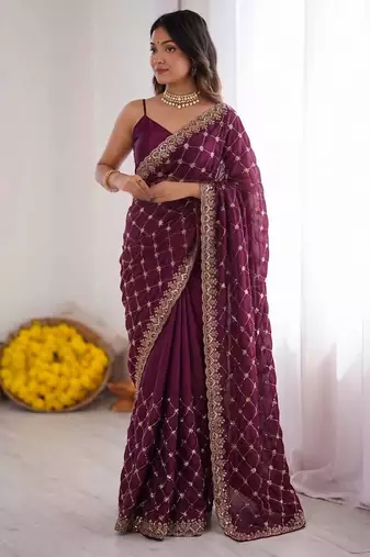 Wine Fendy Silk Blend Beds Sequin Work Saree for Wedding