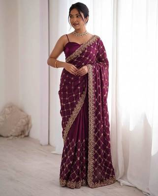 Wine Fendy Silk Blend Beds Sequin Work Saree for Wedding 3