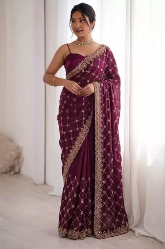 Wine Fendy Silk Blend Beds Sequin Work Saree for Wedding