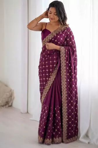 Wine Fendy Silk Blend Beds Sequin Work Saree for Wedding
