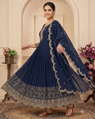 Navy blue heavy dori & zari embroidered anarkali gown with dupatta 1