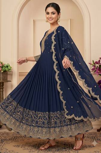 Navy blue heavy dori & zari embroidered anarkali gown with dupatta
