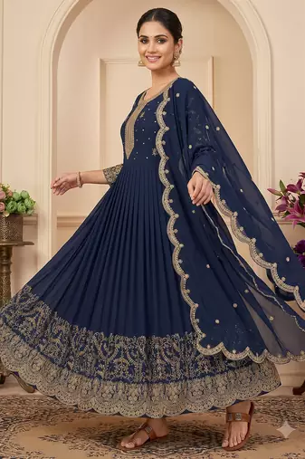 Navy blue heavy dori & zari embroidered anarkali gown with dupatta