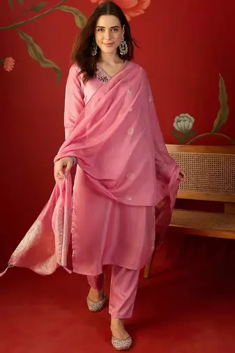 Pink embroidery rayon kurta with pant and duptta