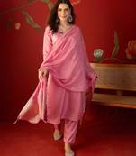 Pink embroidery rayon kurta with pant and duptta