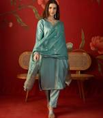 Blue embroidery rayon kurta with pant and duptta