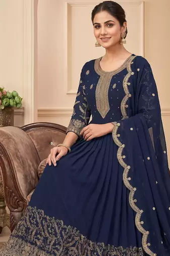 Navy blue heavy dori & zari embroidered anarkali gown with dupatta