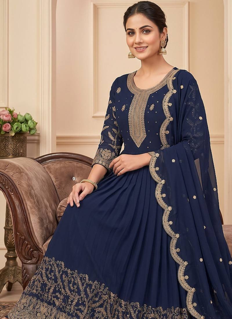 Navy blue heavy dori & zari embroidered anarkali gown with dupatta