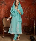 Blue embroidery chanderi kurta with pant and duptta
