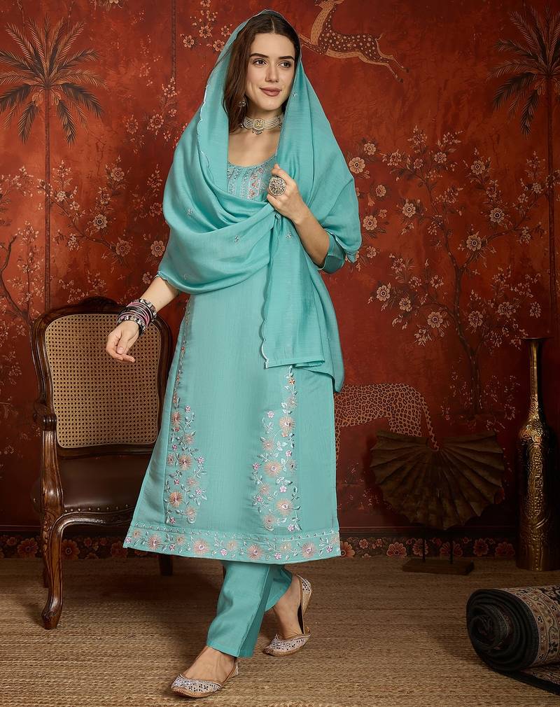 Blue embroidery chanderi kurta with pant and duptta