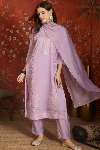Lavender embroidery chanderi kurta with pant and duptta