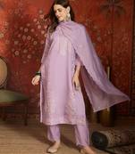 Lavender embroidery chanderi kurta with pant and duptta