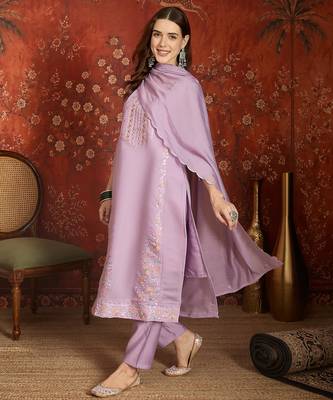 Lavender embroidery chanderi kurta with pant and duptta 4