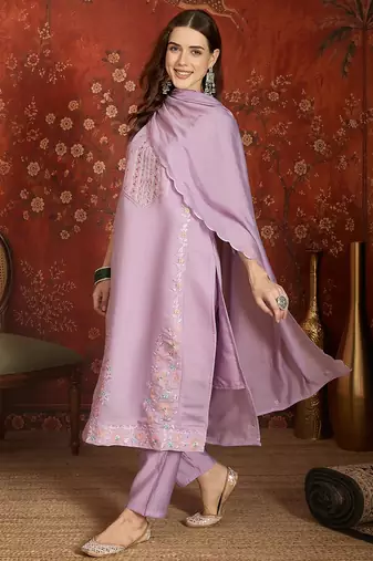Lavender embroidery chanderi kurta with pant and duptta