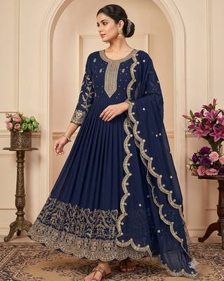 Navy blue heavy dori & zari embroidered anarkali gown with dupatta 3