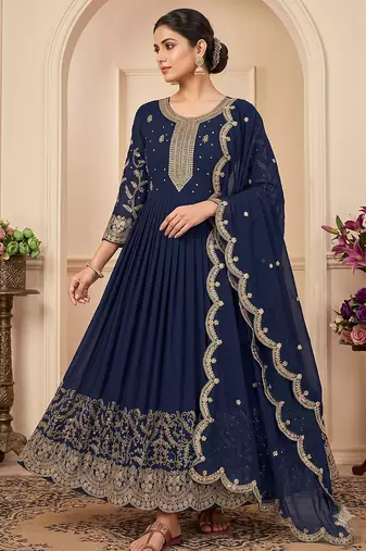 Navy blue heavy dori & zari embroidered anarkali gown with dupatta