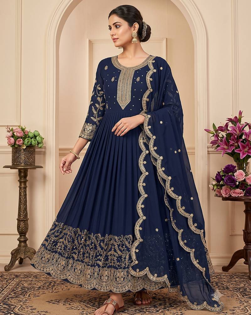 Navy blue heavy dori & zari embroidered anarkali gown with dupatta