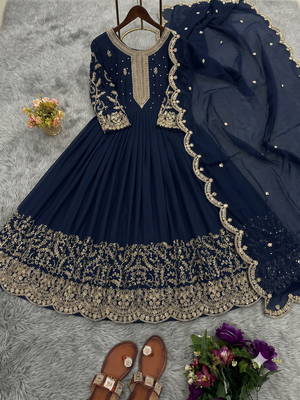 Navy blue heavy dori & zari embroidered anarkali gown with dupatta 4