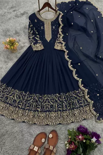 Navy blue heavy dori & zari embroidered anarkali gown with dupatta