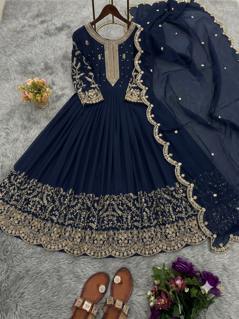 Navy blue heavy dori & zari embroidered anarkali gown with dupatta