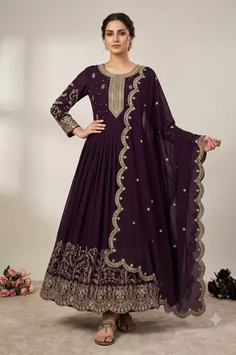 Red heavy dori & zari embroidered anarkali gown with dupatta