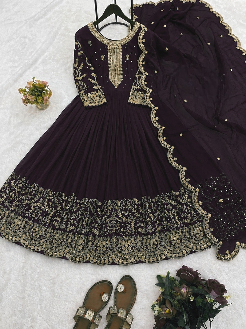 Red heavy dori & zari embroidered anarkali gown with dupatta