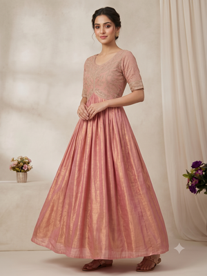 Festive heavy embroidered work gown pink anarkali kurti for women 1