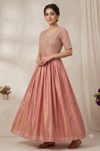 Festive heavy embroidered work gown pink anarkali kurti for women