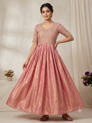 Festive heavy embroidered work gown pink anarkali kurti for women 2