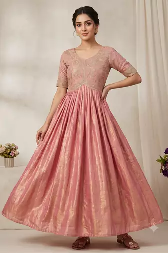 Festive heavy embroidered work gown pink anarkali kurti for women