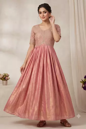 Festive heavy embroidered work gown pink anarkali kurti for women