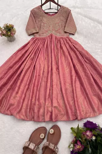 Festive heavy embroidered work gown pink anarkali kurti for women