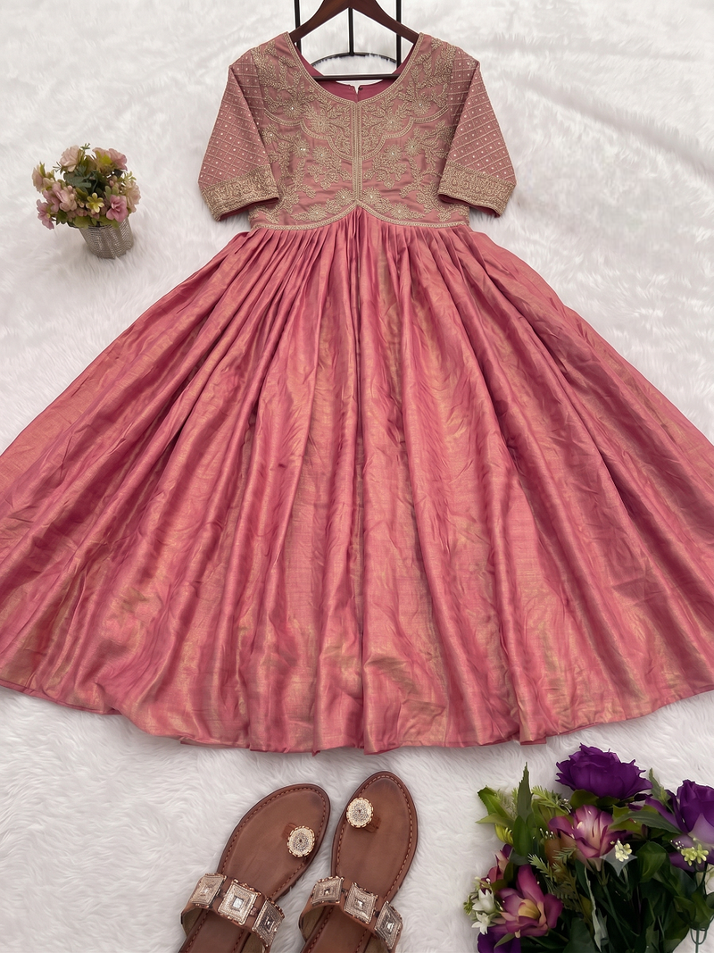 Festive heavy embroidered work gown pink anarkali kurti for women