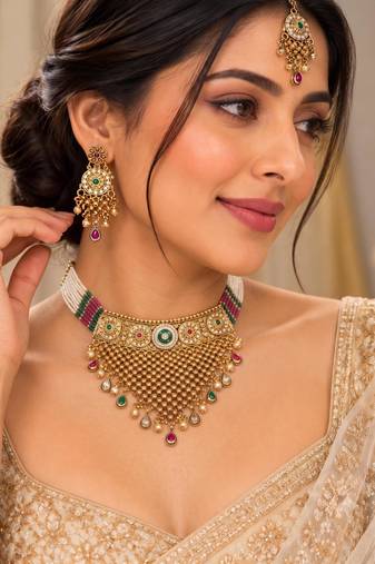 Multicolor gold-plated necklace set with mang tikka