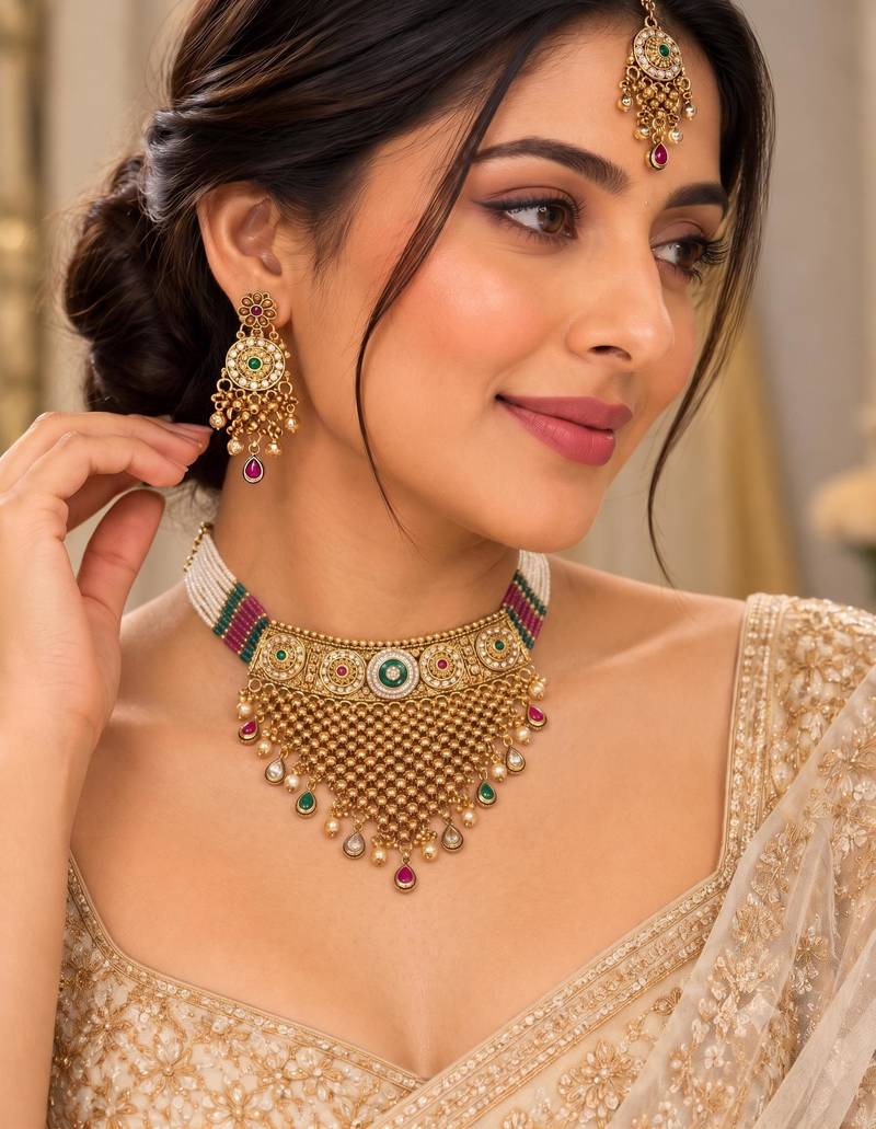 Multicolor gold-plated necklace set with mang tikka