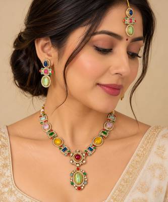 Multicolor antique gold necklace set with mang tikka 1