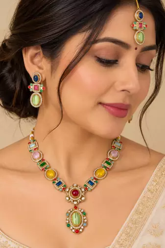 Multicolor antique gold necklace set with mang tikka