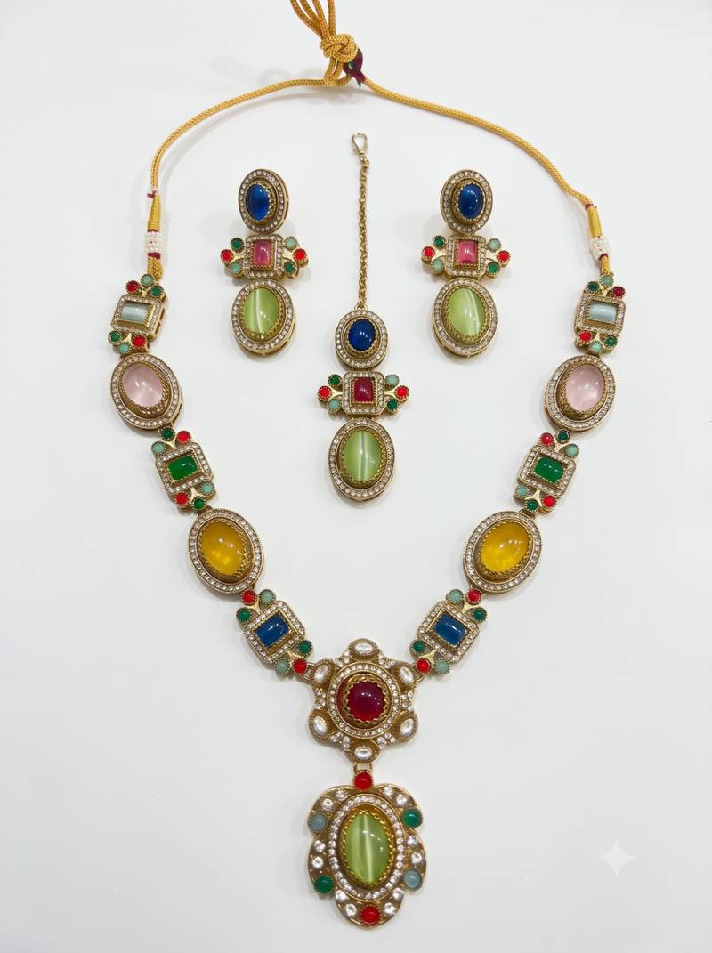 Multicolor antique gold necklace set with mang tikka