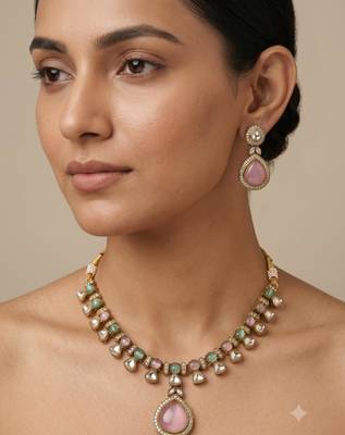 Pink antique gold designer necklace set 1