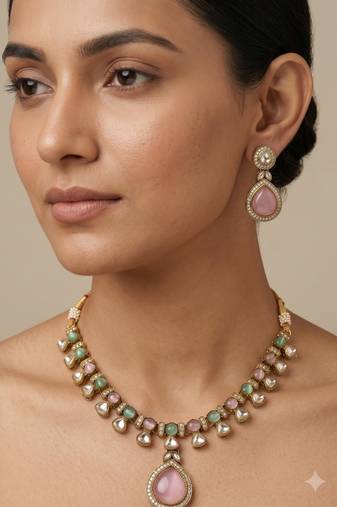Pink antique gold designer necklace set