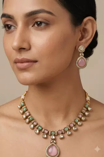 Pink antique gold designer necklace set