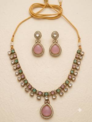 Pink antique gold designer necklace set 2