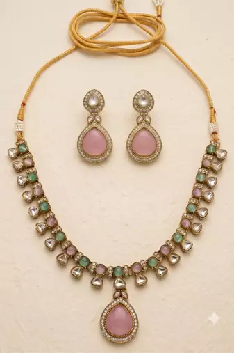 Pink antique gold designer necklace set