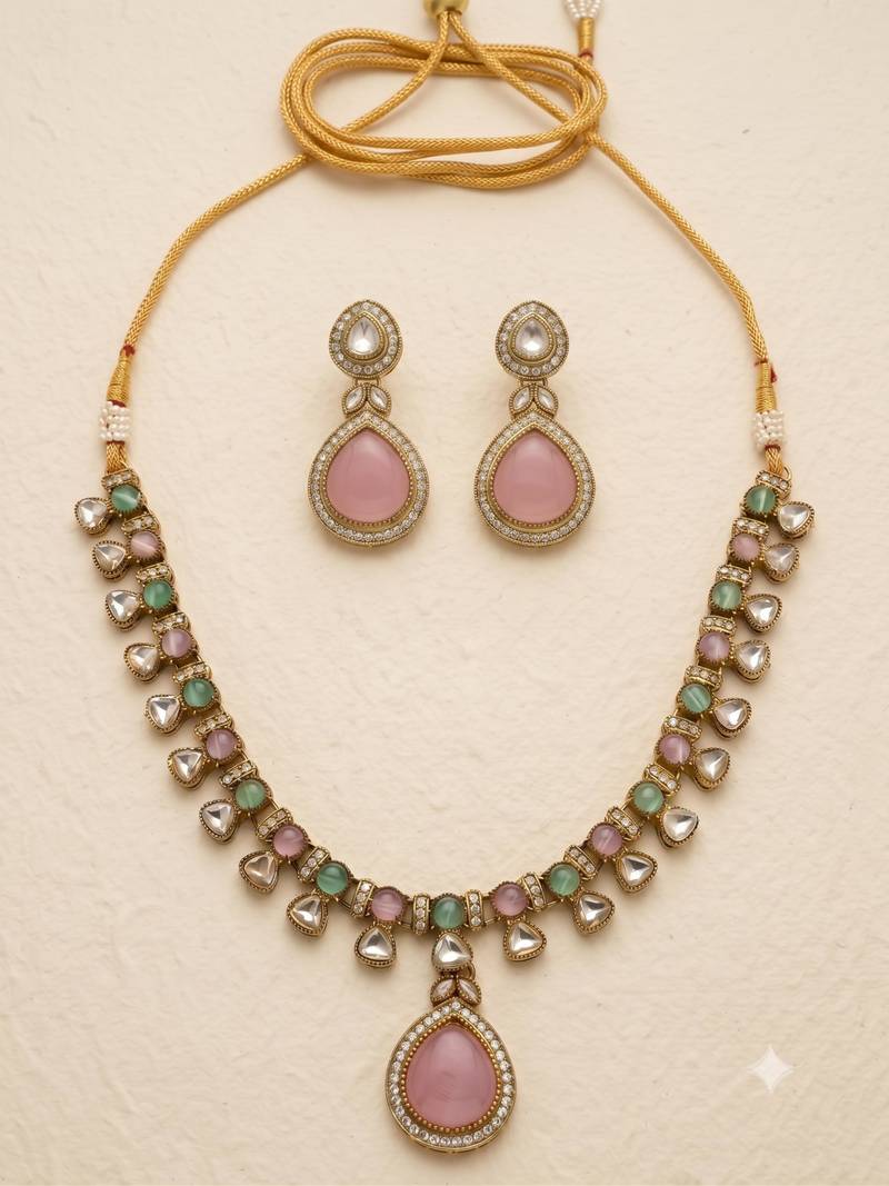 Pink antique gold designer necklace set