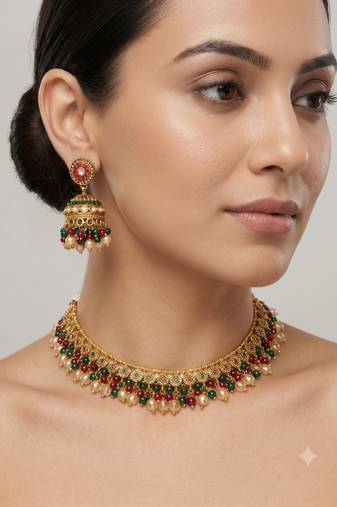 Multicolor antique gold beaded necklace set