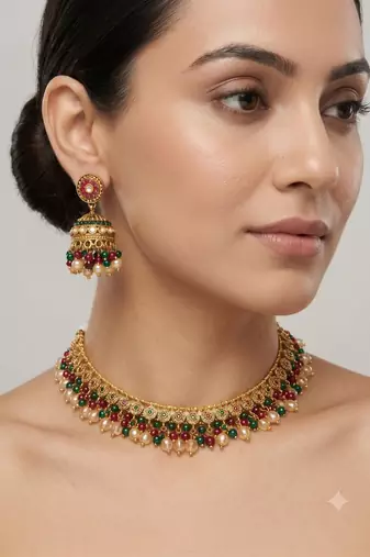 Multicolor antique gold beaded necklace set