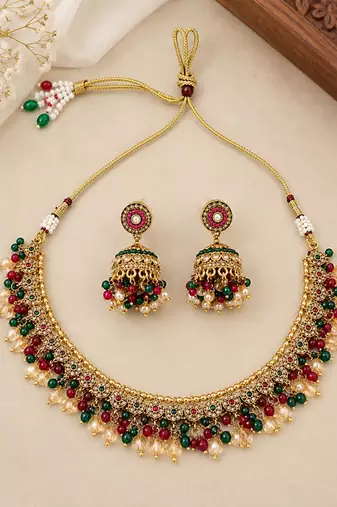 Multicolor antique gold beaded necklace set