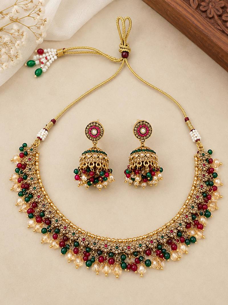 Multicolor antique gold beaded necklace set