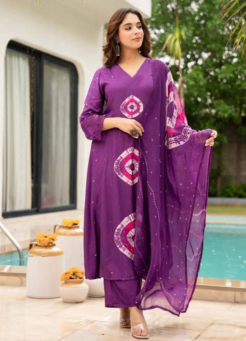 Purple viscose printed kurta set