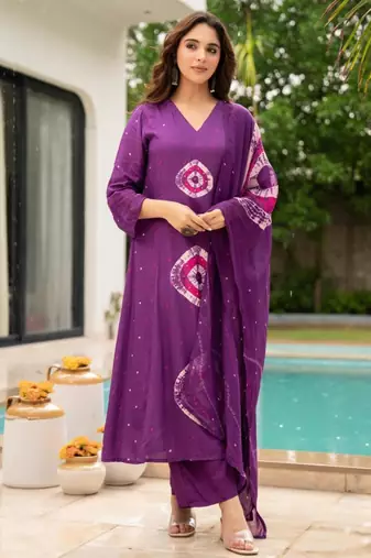 Purple viscose printed kurta set
